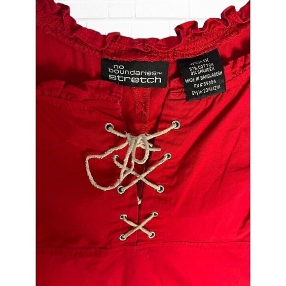 No Boundaries Stretch Junior Women's Size 1X Shirt‎ Y2k Zie-Up Peasant Style Red - Picture 5 of 9